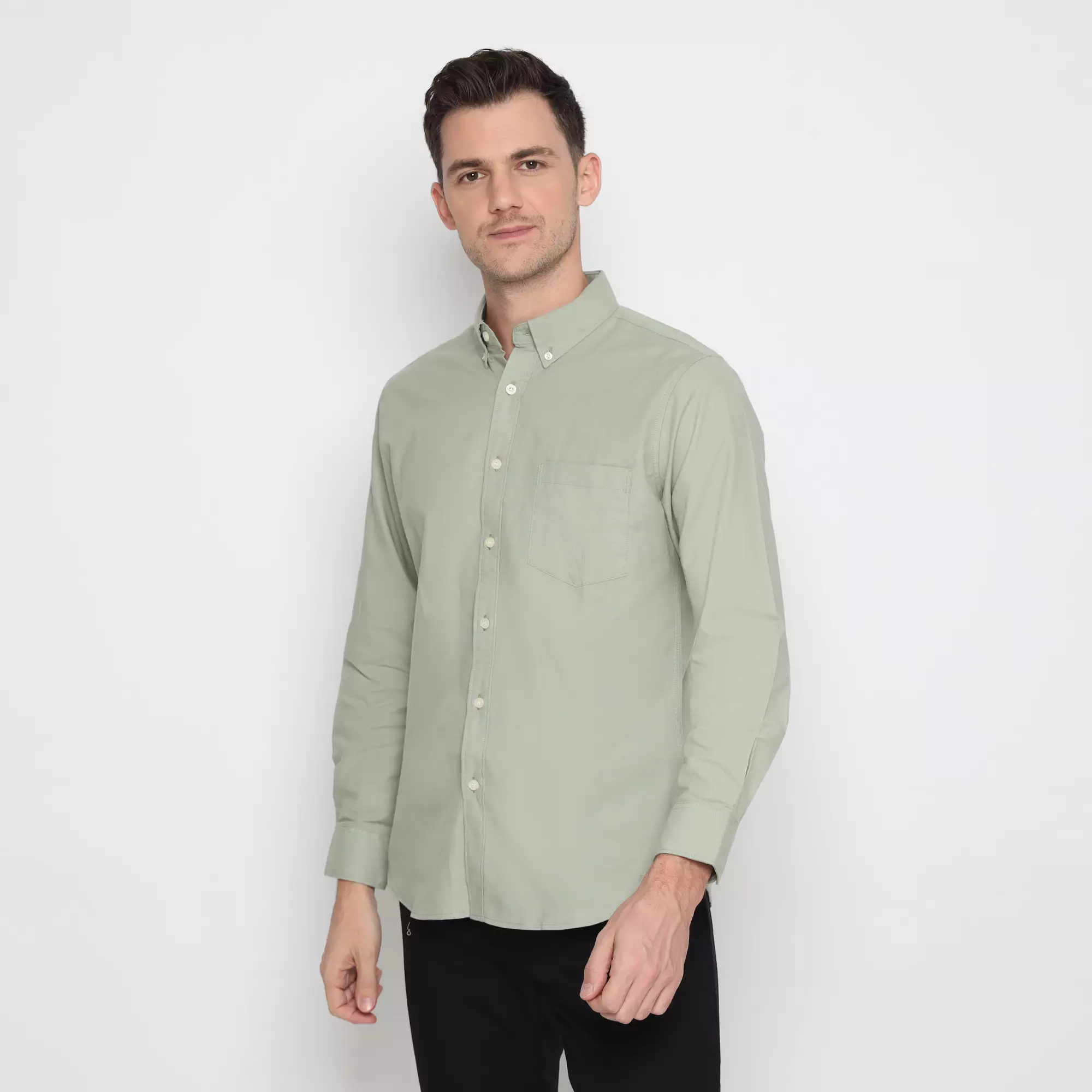 Platini Baju Kemeja Pria Lengan Panjang Polos Katun Oxford Hijau Sage 66251