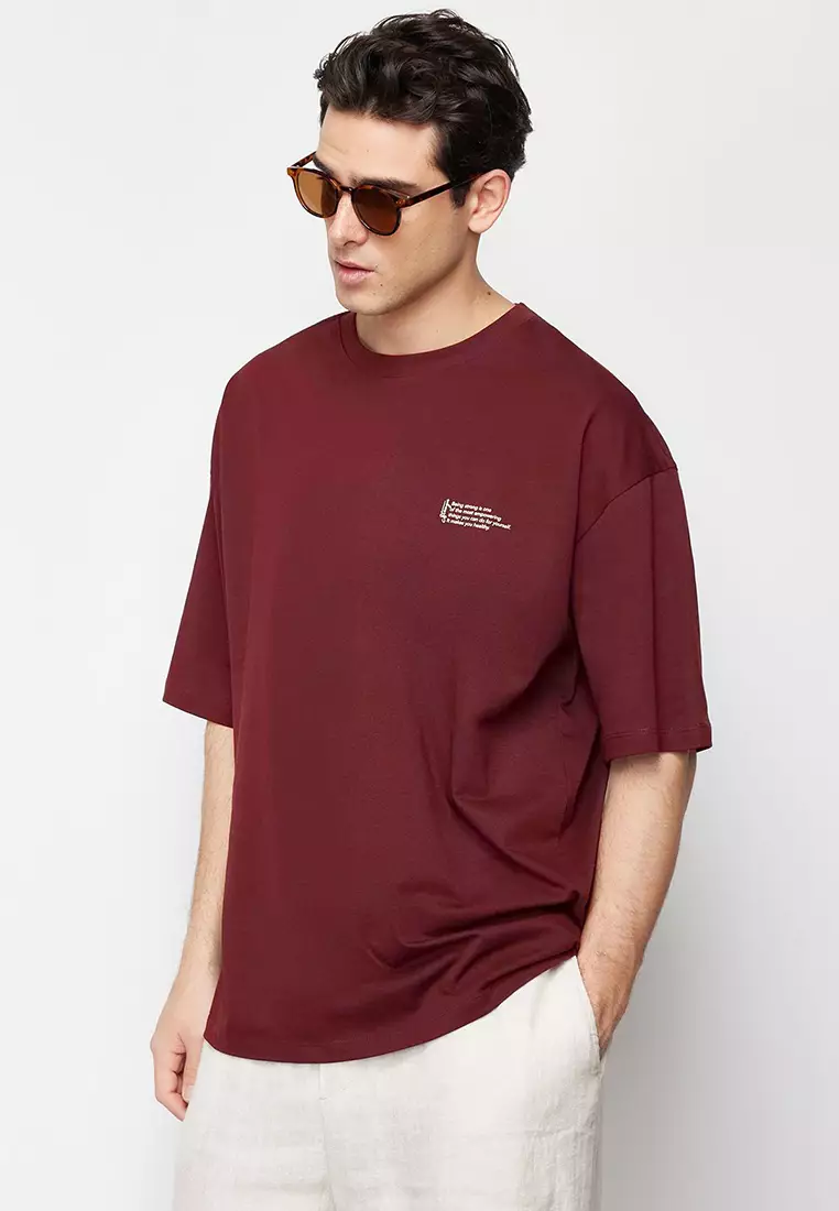 Claret Red Oversize 100% Cotton Crew Neck Minimal Text Printed T-shirt TMNSS23TS00084
