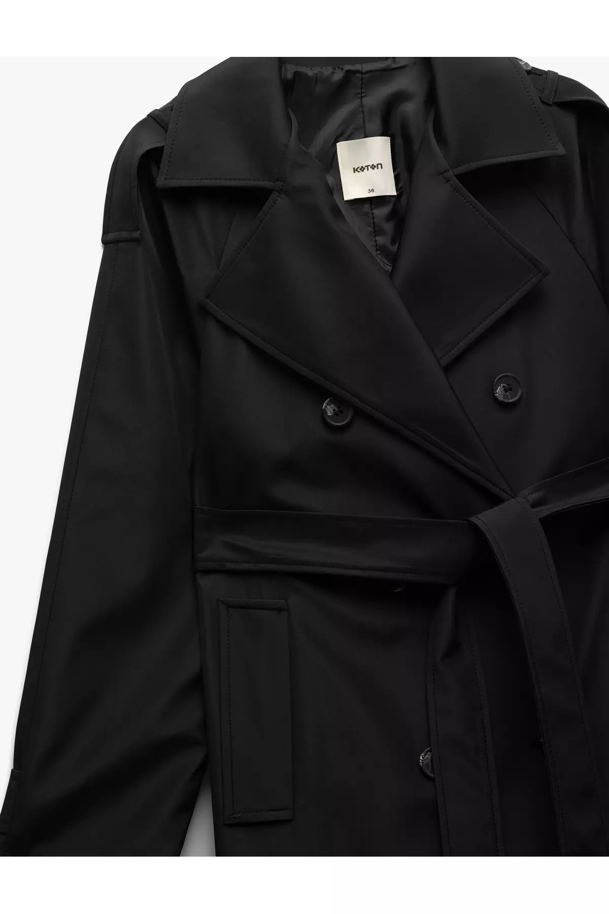 長袖束腰雙排扣長款華達呢風衣連口袋