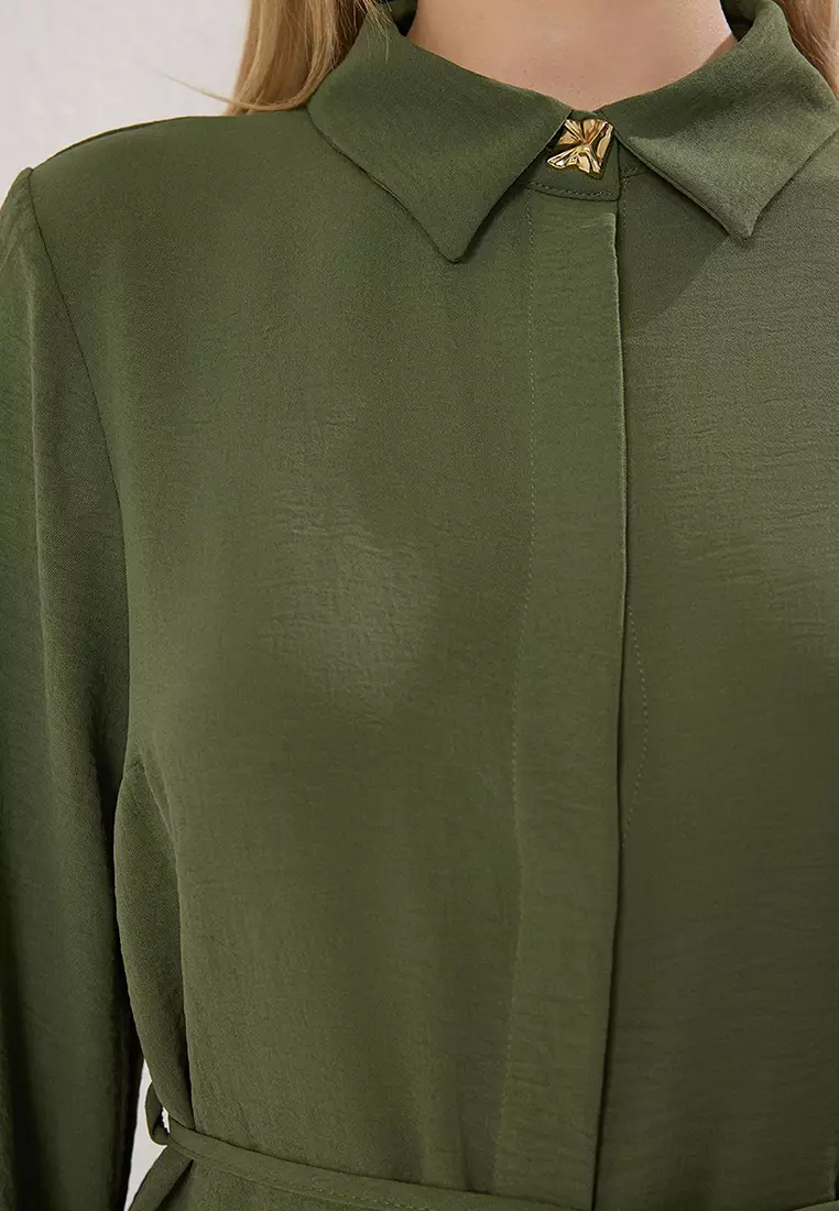 Khaki Waist Tie Detailed Aerobin Shirt-Pants Woven Bottom-Top Set TCTSS25US00034