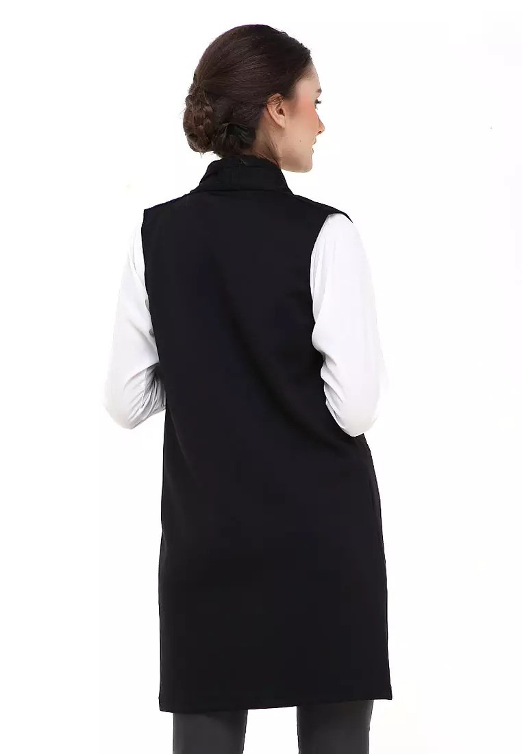 Qemsya Blazer Wanita Sleeveless Simple Casual Plain Outer Material Scuba ORIGINAL - Black
