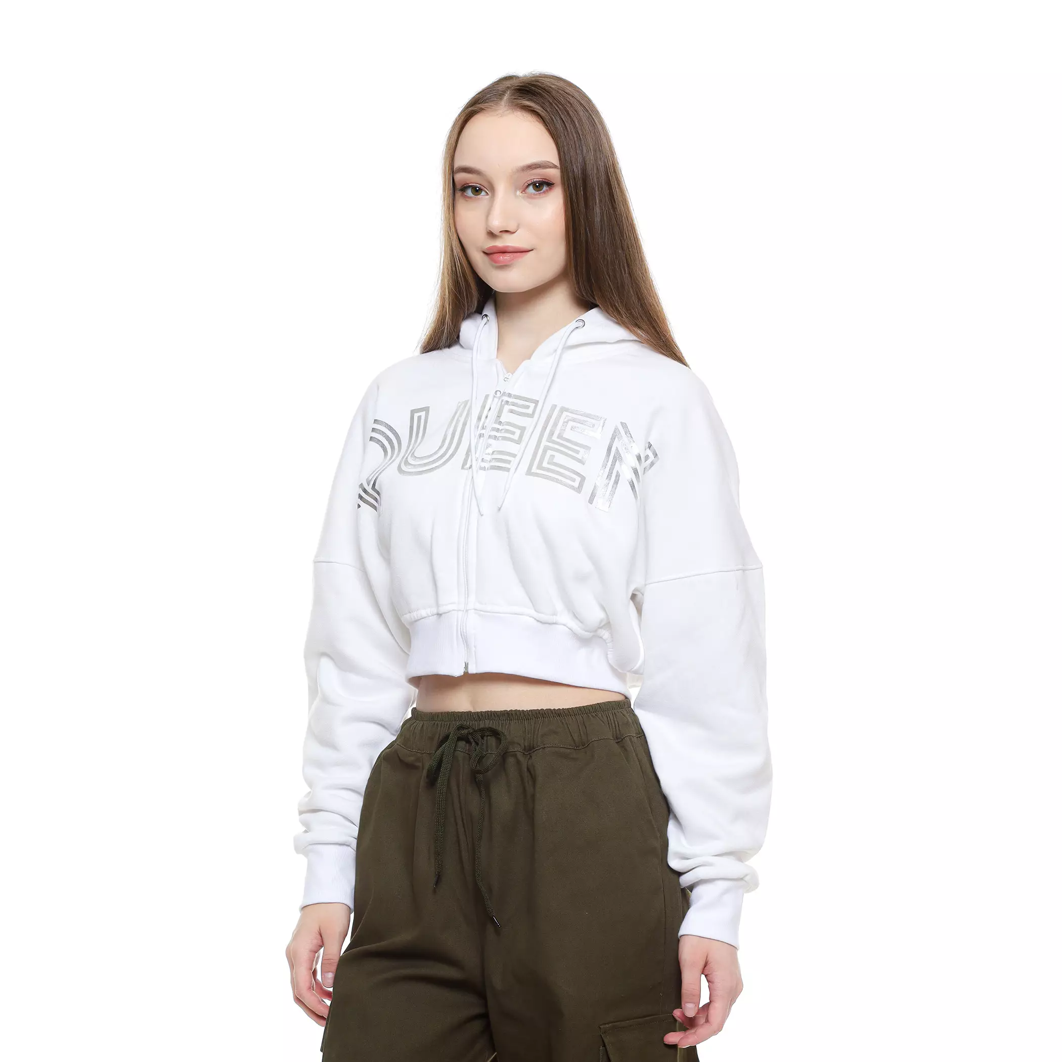 Enough For Today - Sweater Crop Hoodie Zipper Bless A Queen Silver Putih