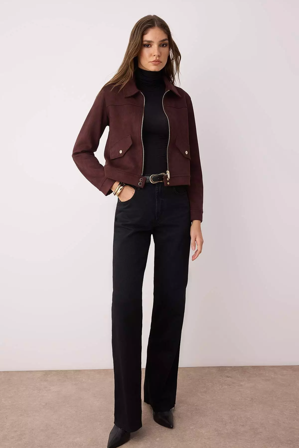 Dark Brown Fitted Mold Suede Slim Jacket Coat