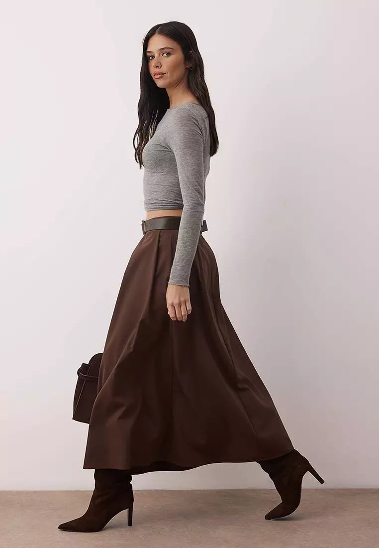 Dark Brown Belted Bell/A-Line Woven Long Maxi Skirt Twoaw26Et168