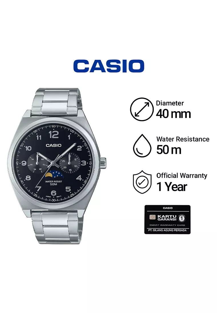 Casio Moon Phase Chronograph - Jam Tangan Analog Pria - Silver Black - Stainless Steel - MTP-M300D-1AV
