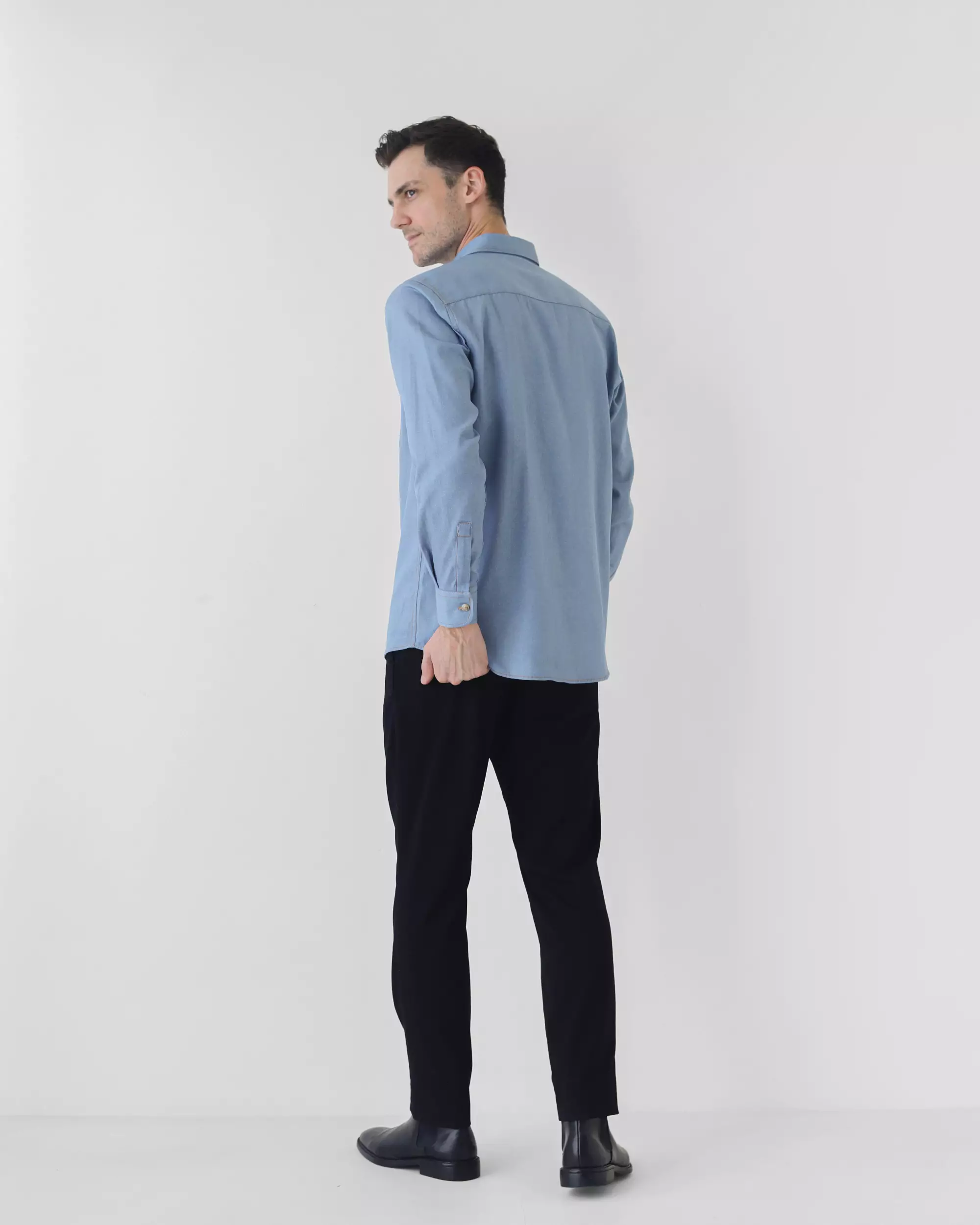 Cotton Well Light Denim Series in Washed Blue | Kemeja Lengan Panjang Denim Biru