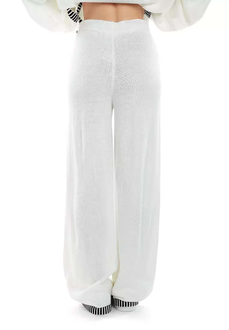 Contrast Stitch Detail Knit Sweater Trouser in Cream