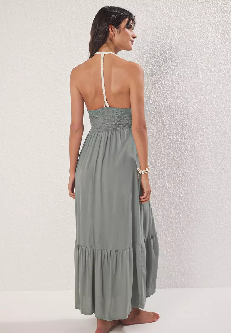 Khaki Maxi Woven Beach Dress Tbess25El00109