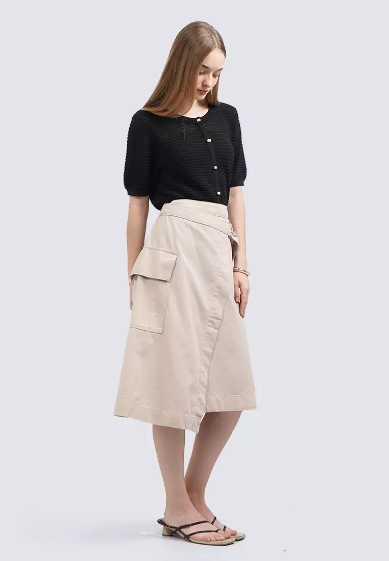 Belted Midi Skirt with Side Pocket KHAKI