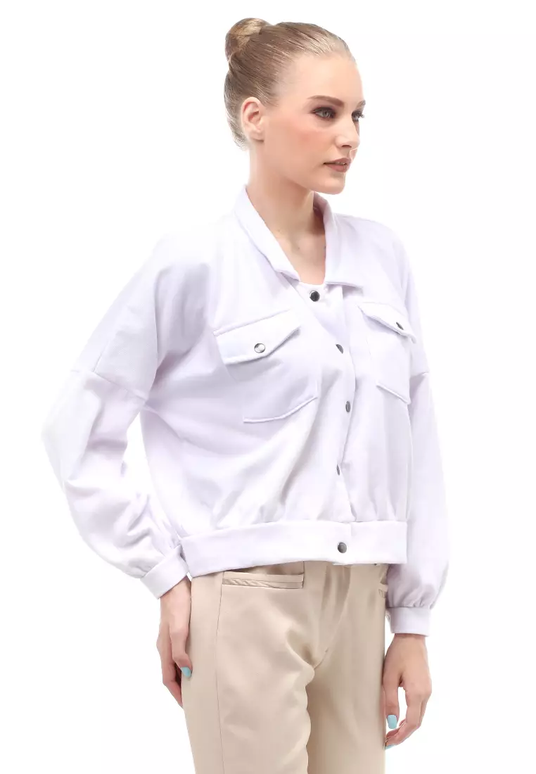 Fadey Jaket Long Sleeves Outerwear Wanita Lengan Balon Regular Fit - Putih