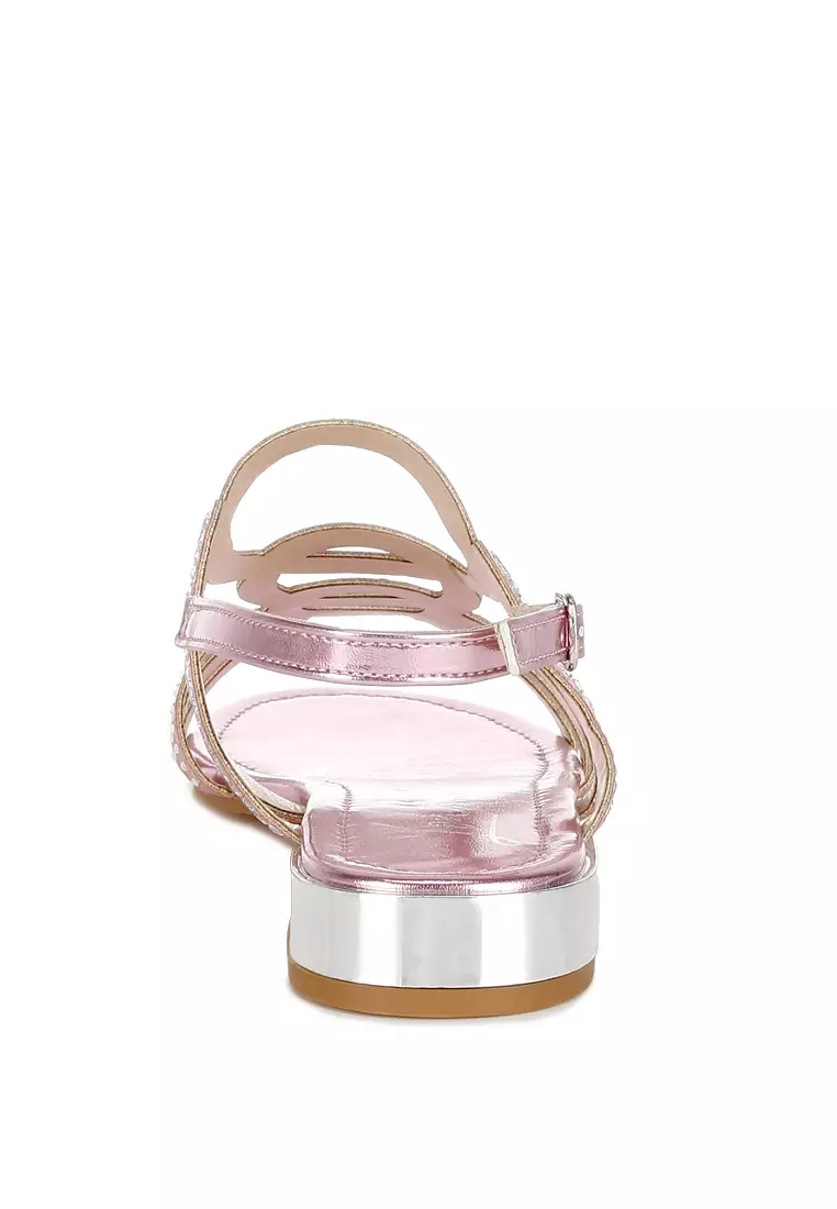 Sandal Datar Berlian Imitasi Detail Potongan Warna Pink