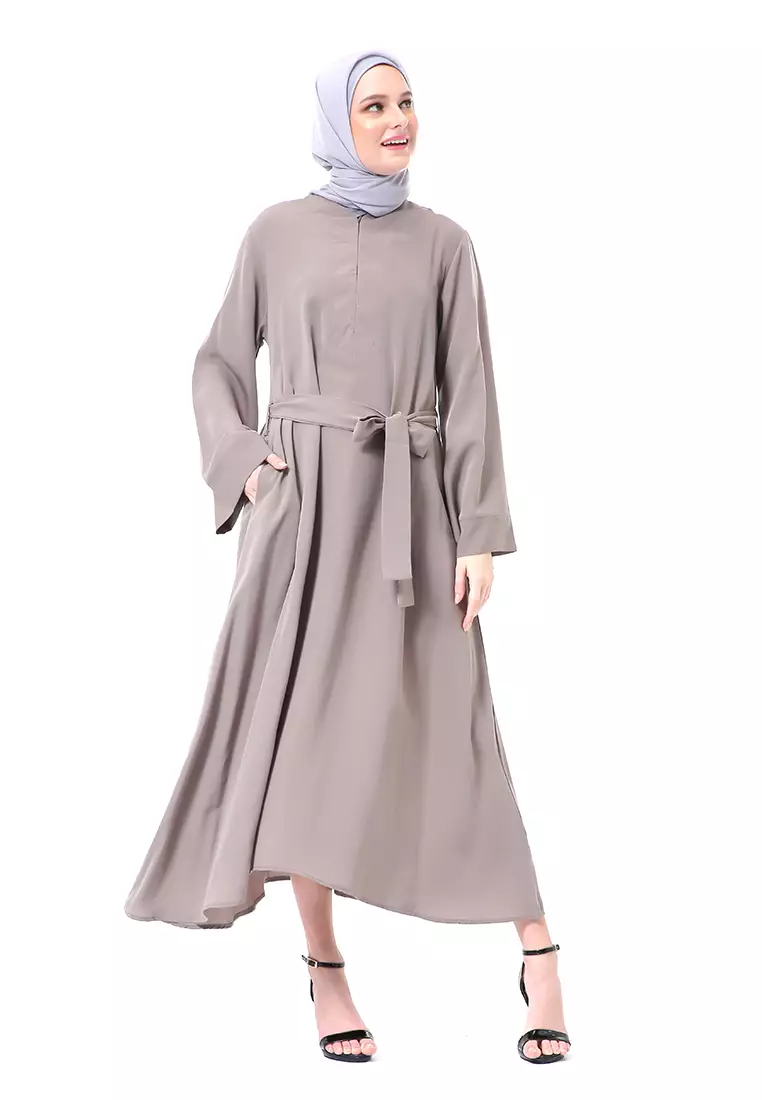 Khalisa Aiza Long Abaya Gamis Self Tie Belt Premium High Quality - Khaky