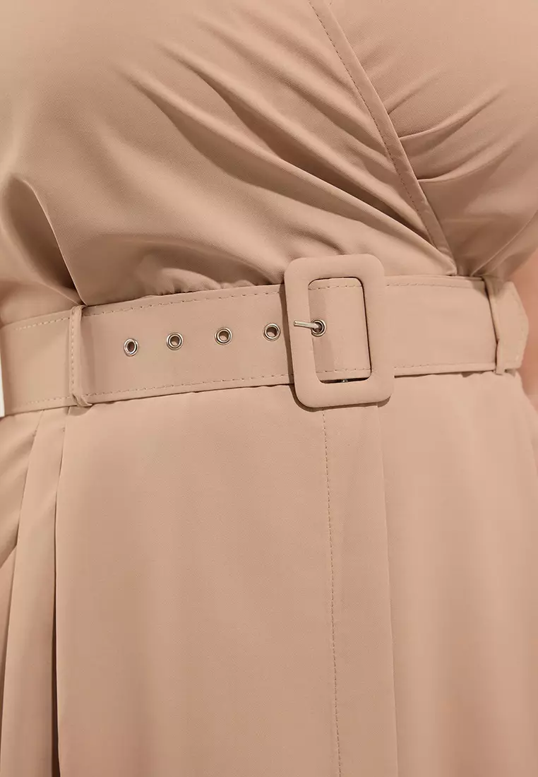 Beige Belted Summer Woven Plus Size Dress Tbbss25Ah00198