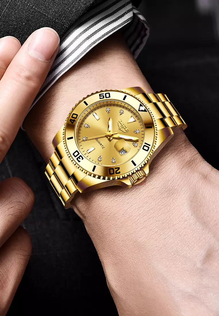 Unisex Classic Diver's IP Gold Stainless Steel Quartz Watch, IP Gold Stainless Steel Bracelet