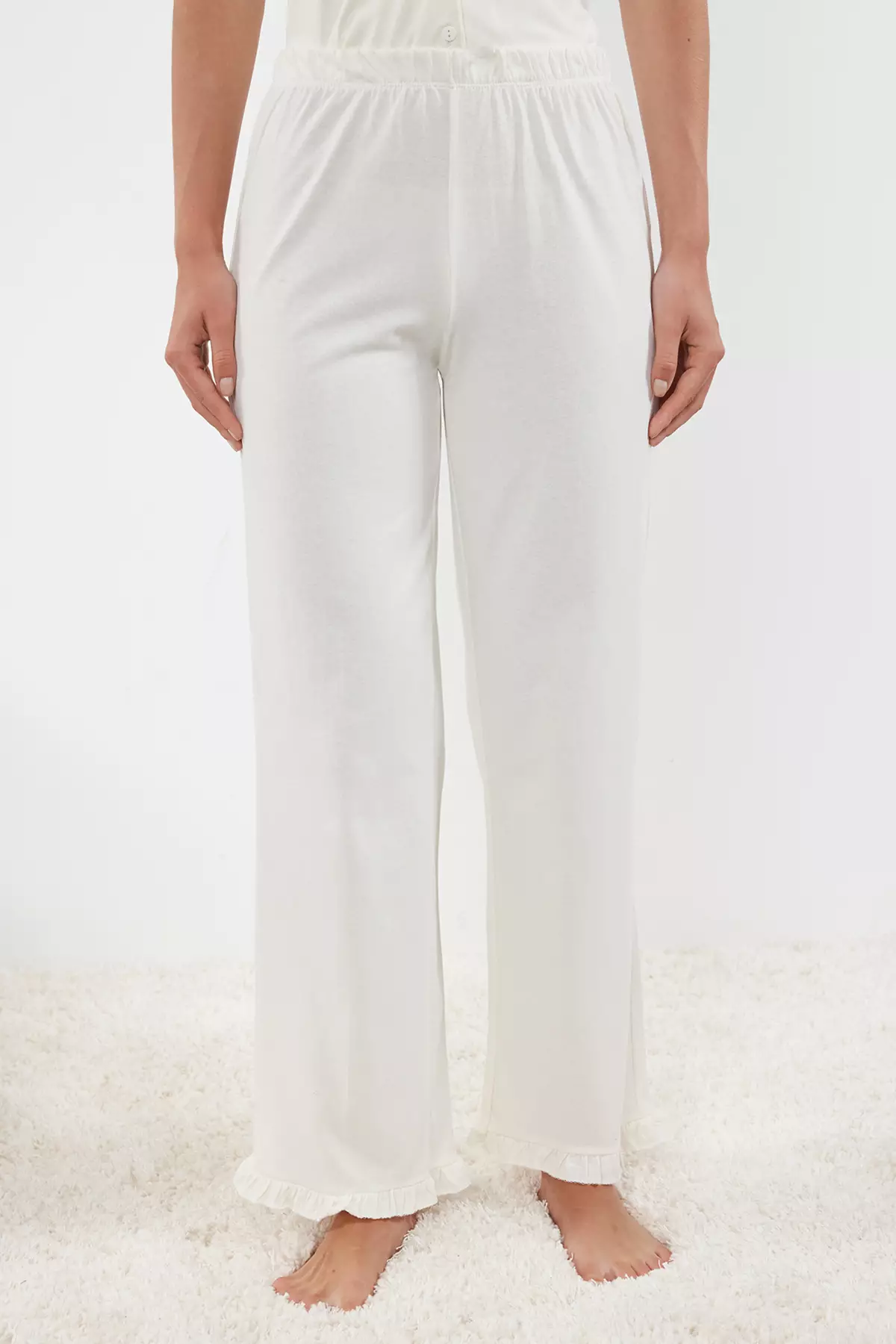 White 100% Cotton Ruffle Detailed Knitted Pajama Set THMSS24PT00223