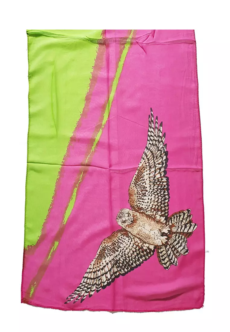 Bohemian Owl Silk-Feel Scarf Pink & Green