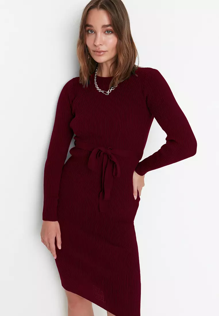 Burgundy Midi Knitwear Belt Detailed Dress
