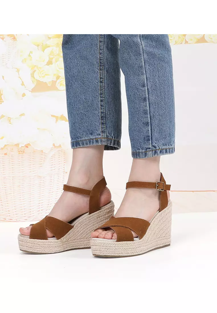 11CM Cow Suede Cross Strap Wedge Sandals HB2024128648