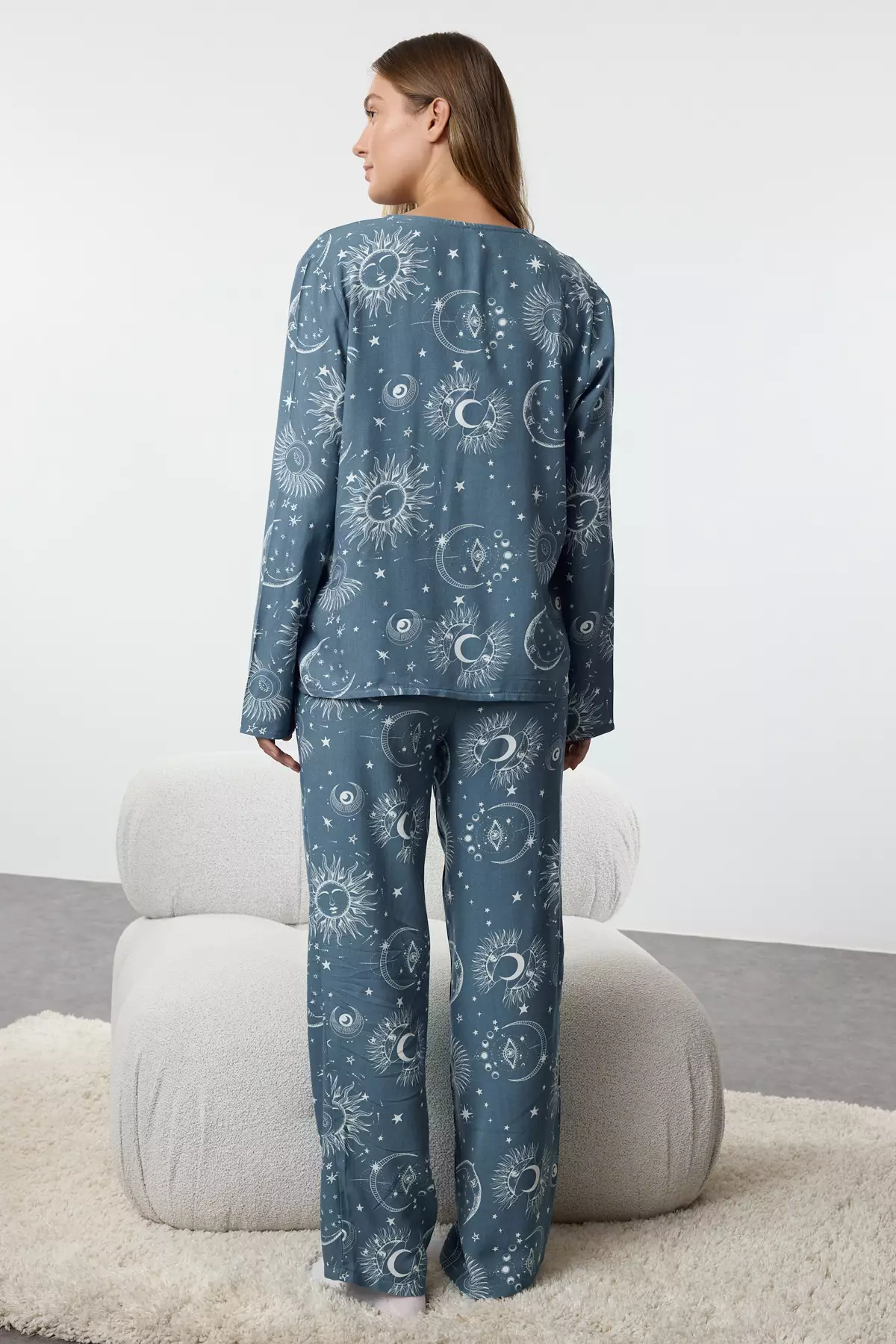 Women's Couple Blue Galaxy Patterned Viscose Woven Pajama Set