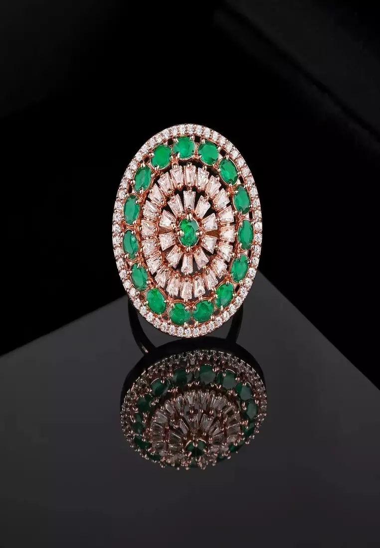 Estele Rose Gold Plated CZ Adjustable Gorgeous Flower Shaped Emerald/ Green Finger Ring For Women