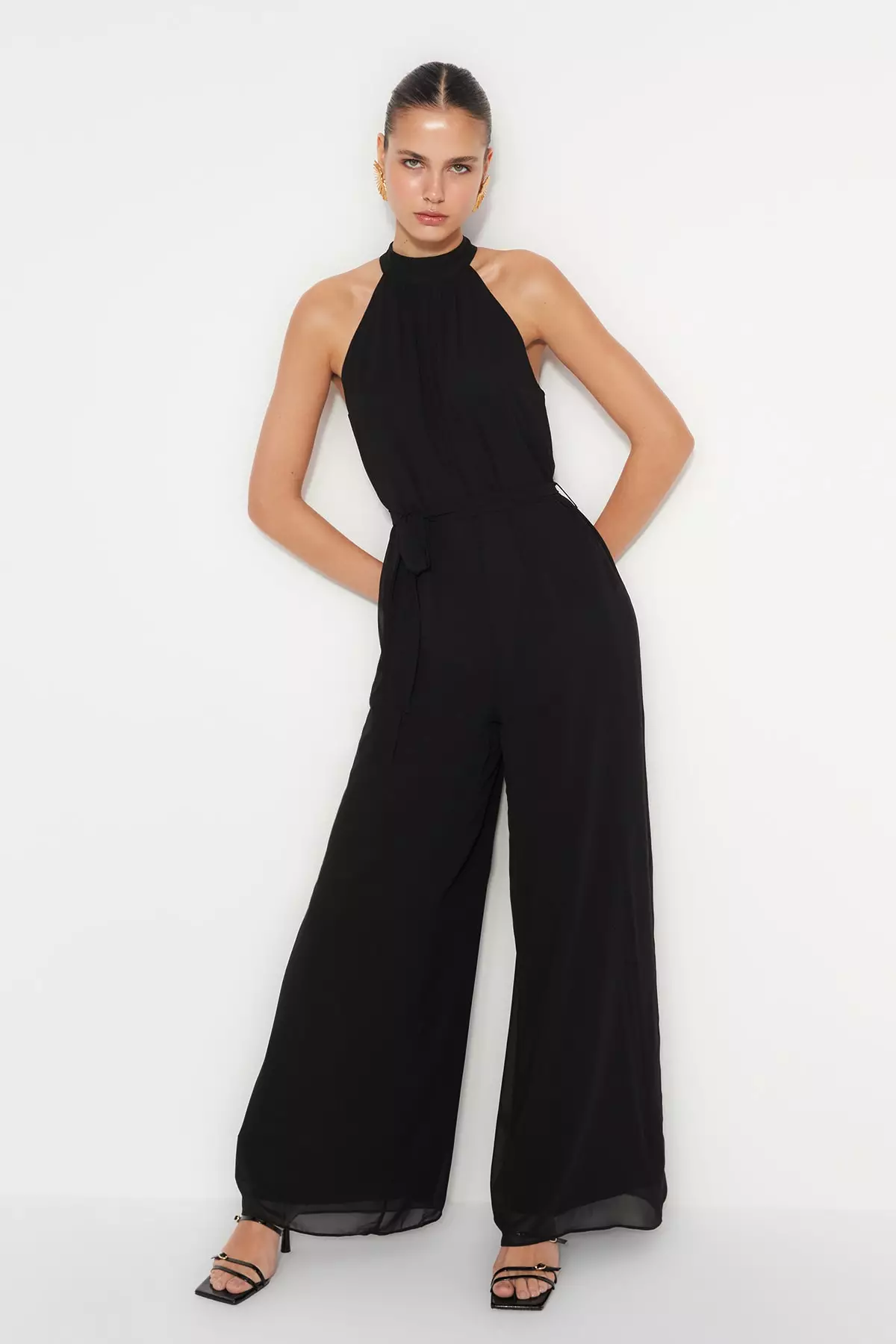 Belted Maxi Chiffon Lined Woven Jumpsuit
