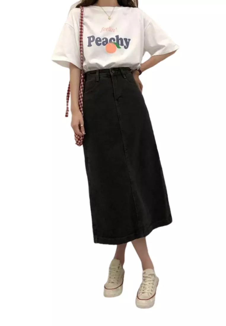 Black denim 2024 skirt outfit variations