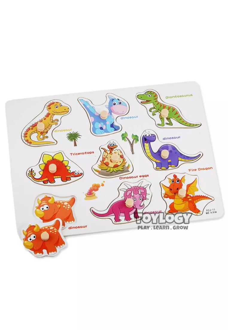 Mainan Edukasi Anak Puzzle Kayu Pin Knop Hewan Dinosaurus Dino Wooden