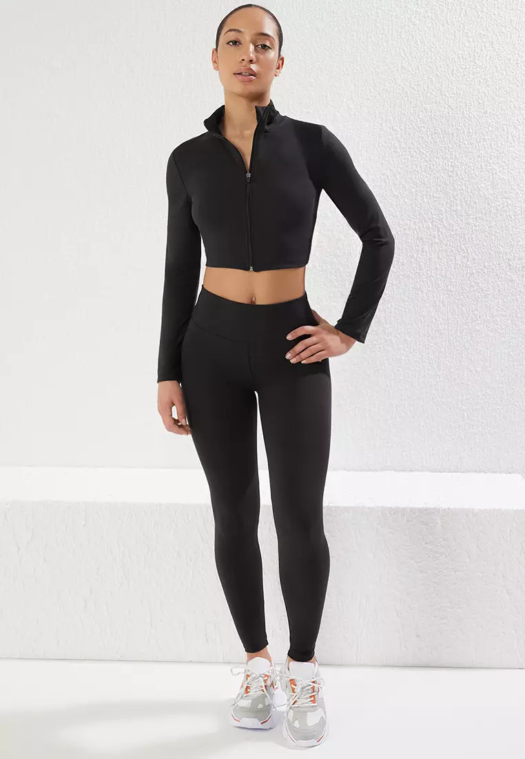 Black Soft Brushed Fabric Reflective Print Detailed Full Length Knitted Sports Tights THMAW25TY00020