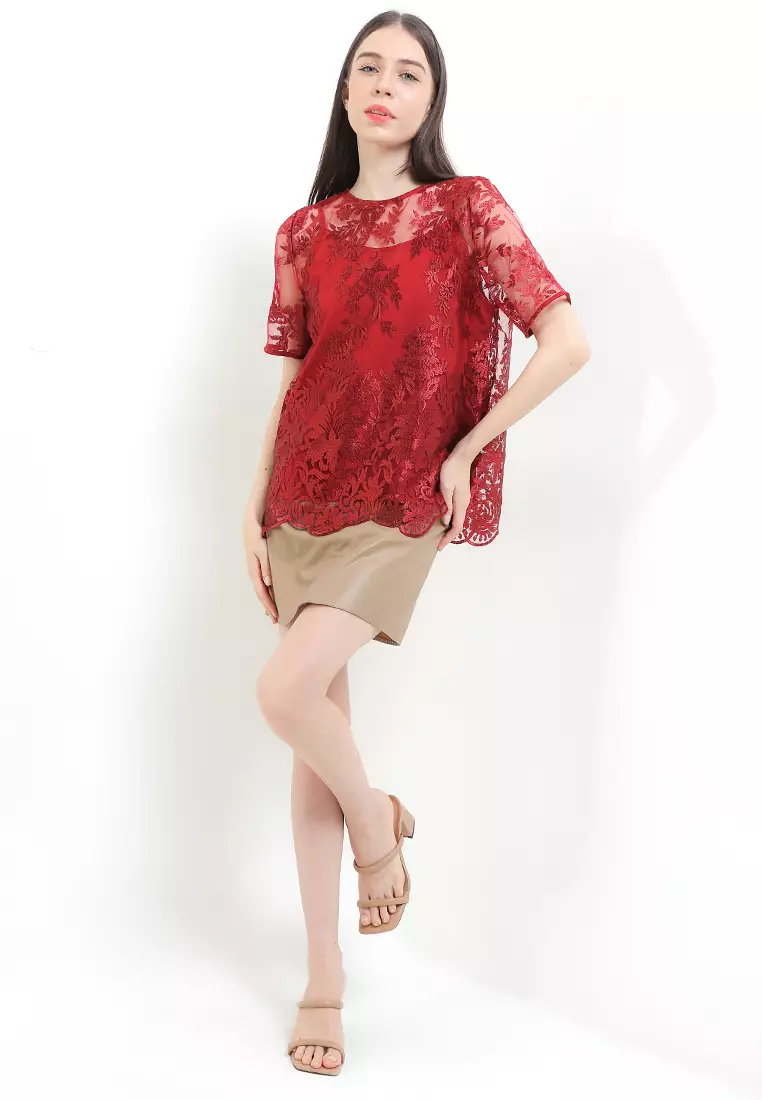 S/S Flo Emb Mesh Blouse W/ Cami