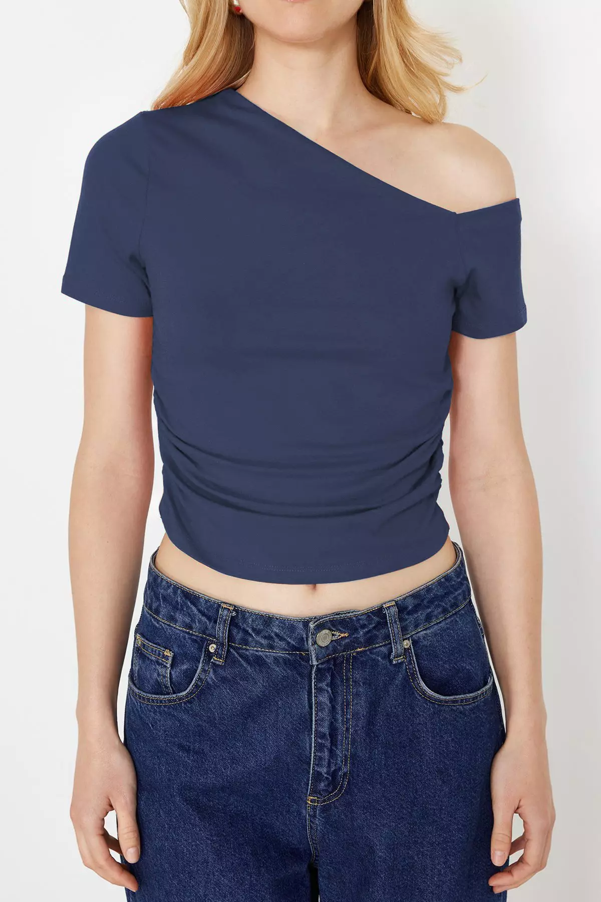 Indigo Gathered Asymmetrical Neckline Stretchy Knitted Blouse