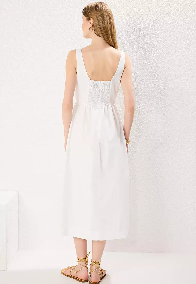 White Waist Opening Corset Seam Detail Lined Midi Woven Dress TWOSS24EL00038
