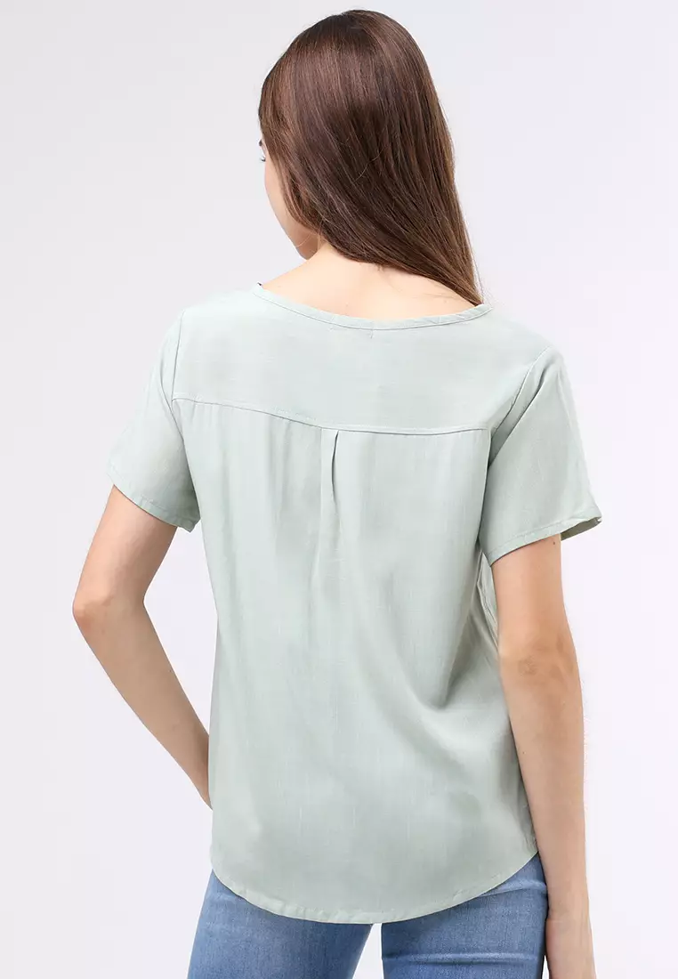 Woven Plain Soft Linen Short Sleeve Blouse