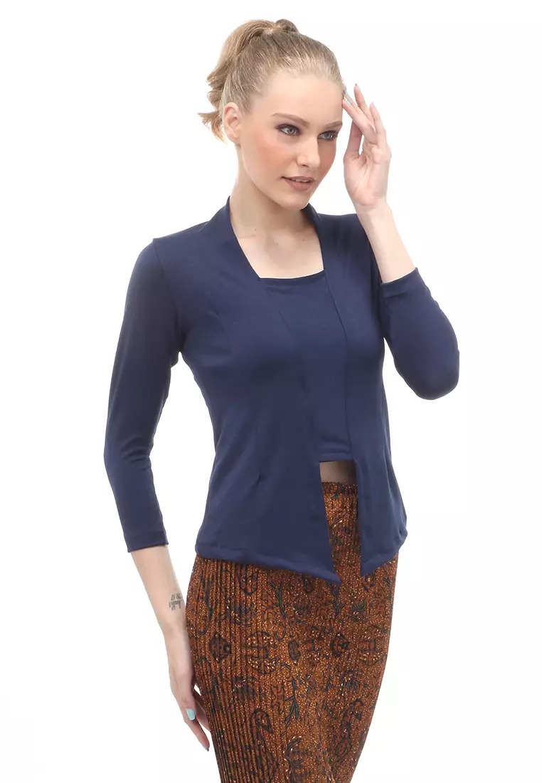 Kebaya Atasan Wanita Motif Solid Long Sleeves Slip On Style Design Casual Relaxed Fit - Navy