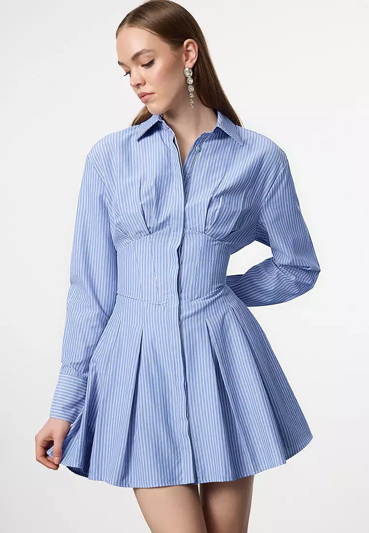 White-Blue Corset Detailed Poplin Woven Wedding/Marriage Elegant Evening Dress Graduation Dress TPRAW25EL00108