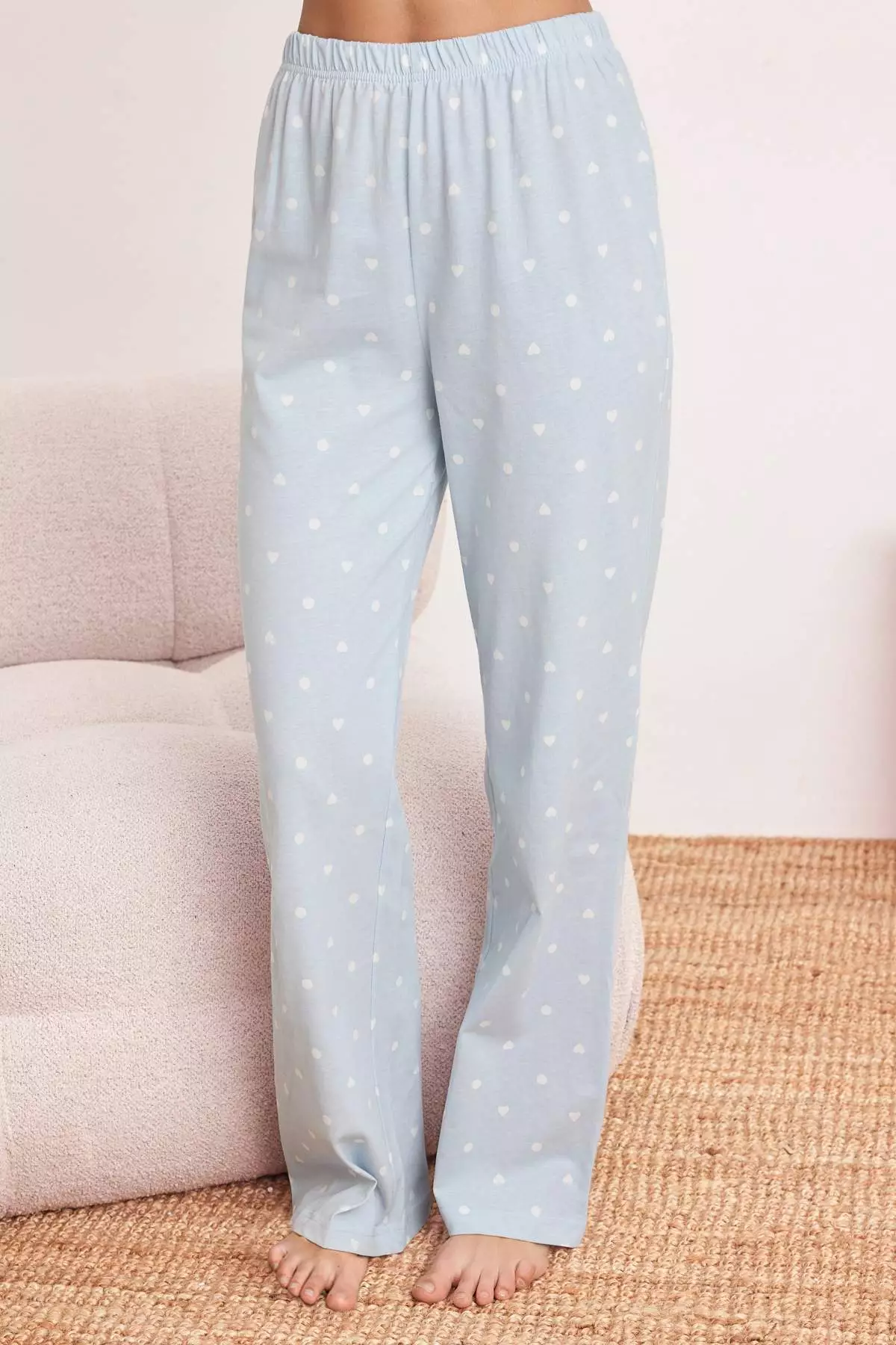 Light Blue 1% Cotton Lu Polka Dot And Heart Knitted Pajama Set Thmaw25Pt39