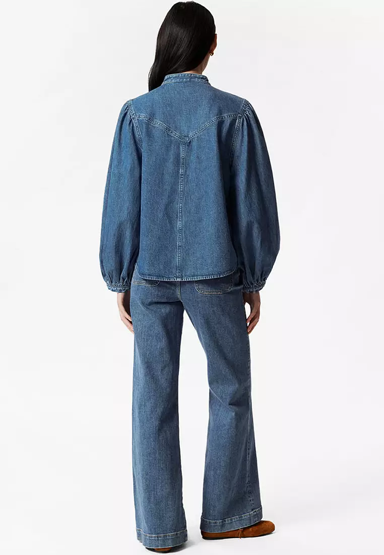 Puff-Sleeve Denim Blouse