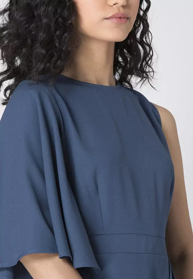 Slate Blue One Sleeve Pleated Bodycon Dress