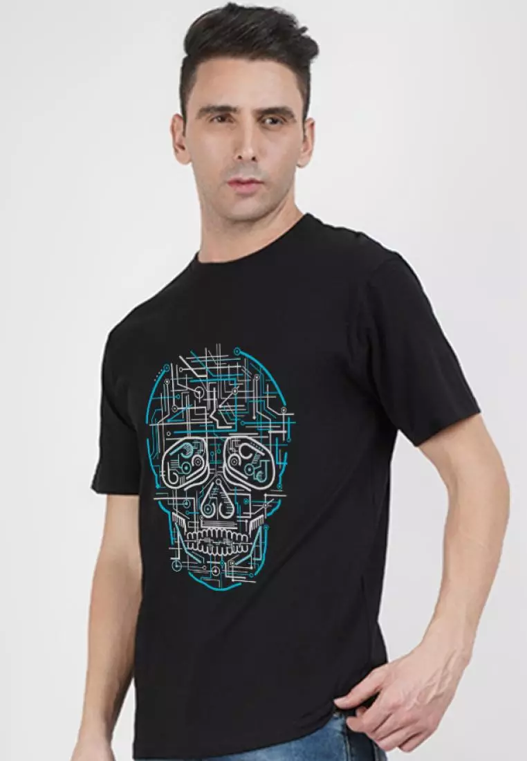 Electric Skull 黑色图案棉质短袖必备 T 恤