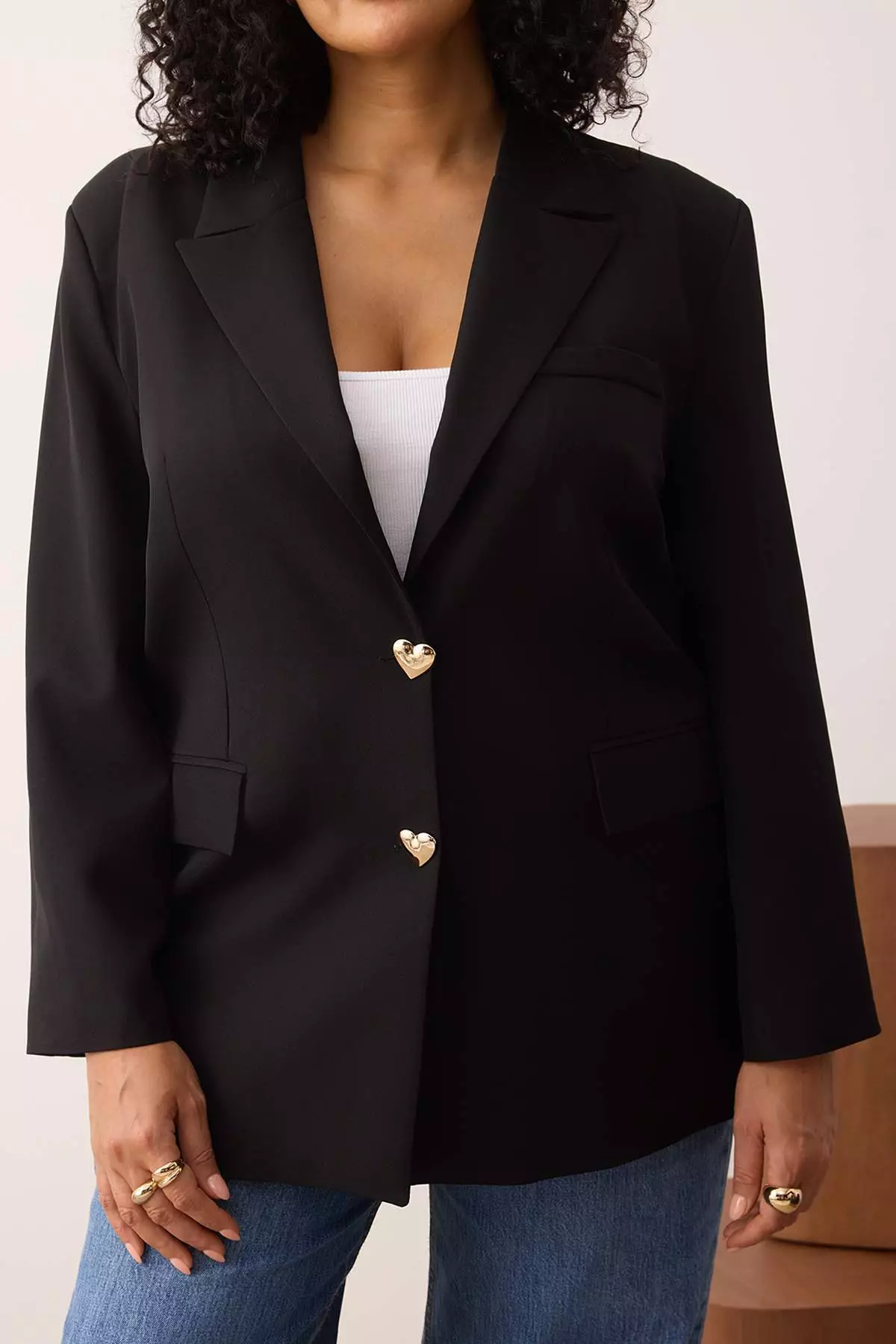Black Oversize Heart Button Woven Plus Size Blazer Jacket Tbbaw26Ag00008