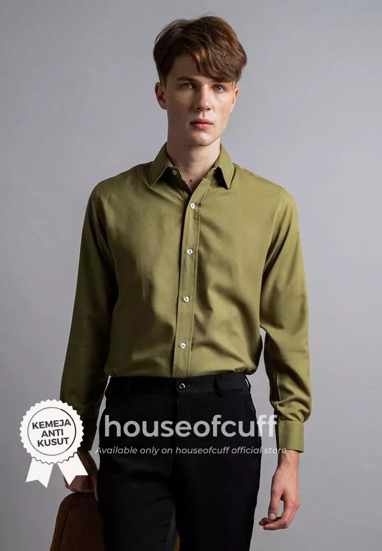 Houseofcuff Kemeja Kerja Formal Pria Model French Cuff / Double Cuff Dengan Cufflinks Warna Hijau Olive (Incl.Collar Stay + Cufflinks )