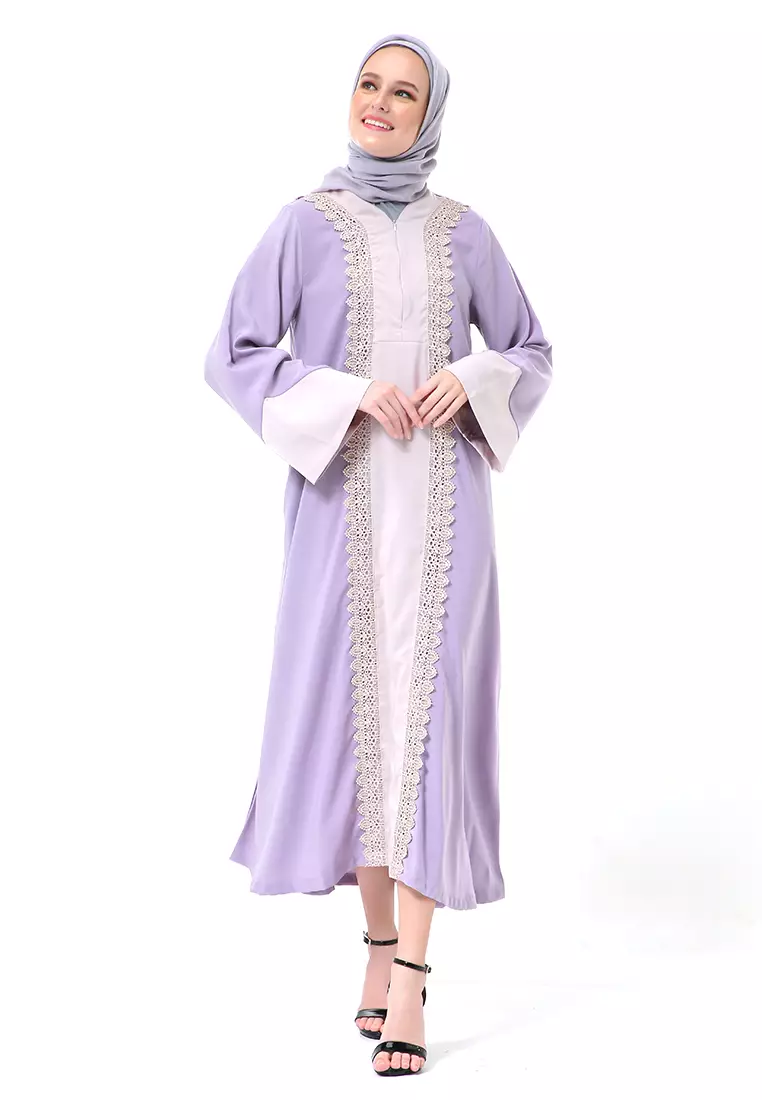 Catlana Long Hidden Pocket Abaya Turkey Variasi Renda Premium High Quality - Lavender