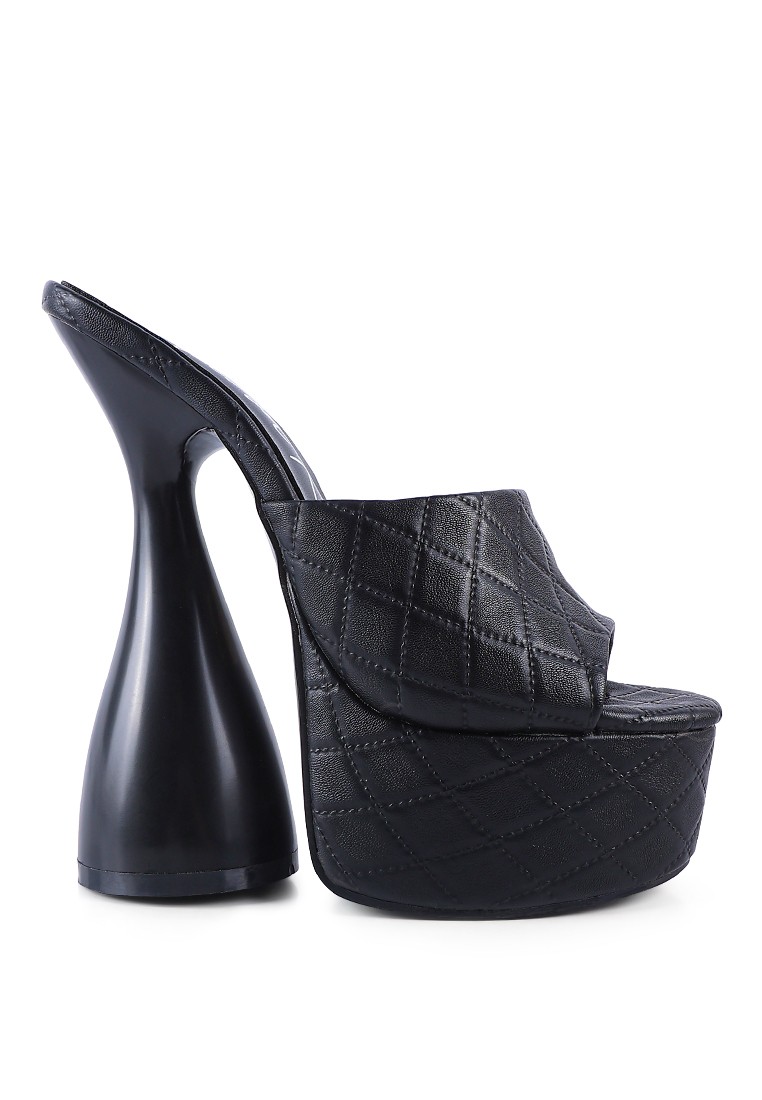 Black Quilted High Heeled Platform Sandals