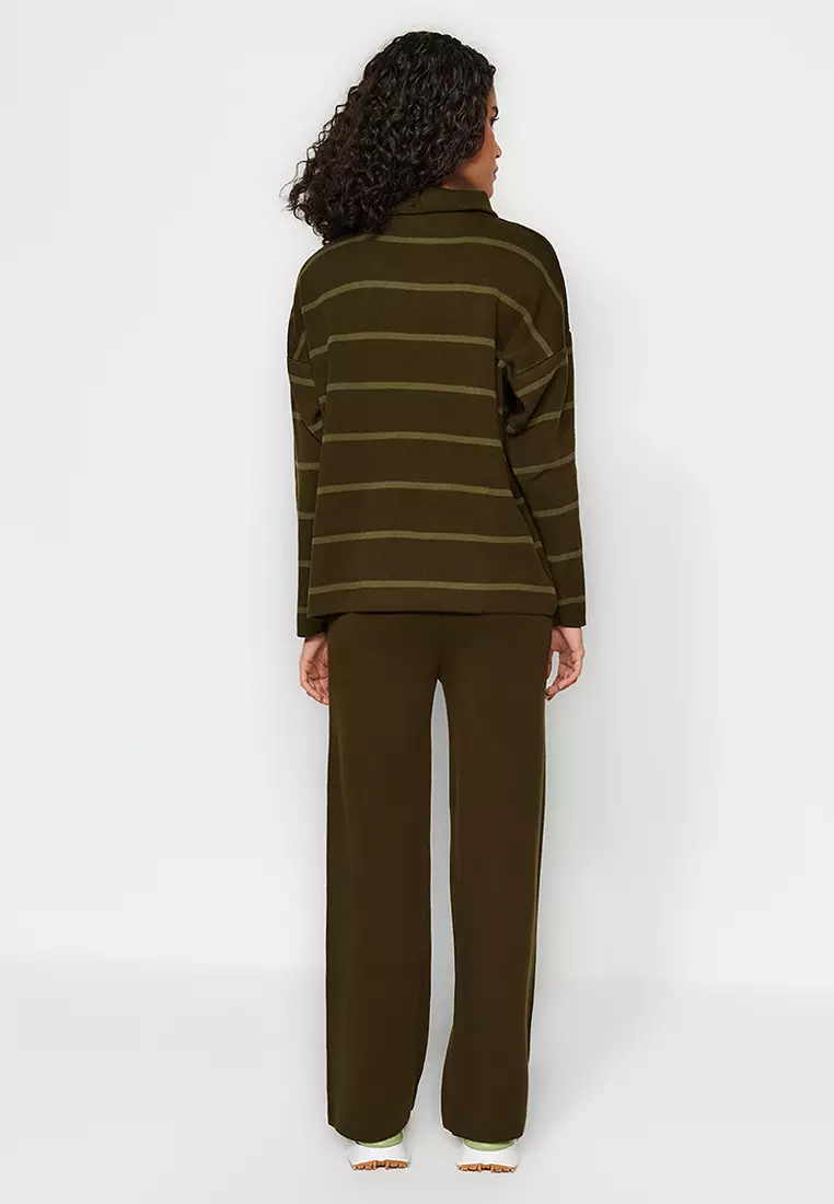 Khaki Wide Fit Zippered Knitwear Bottom-Top Set Twoaw24Au00025
