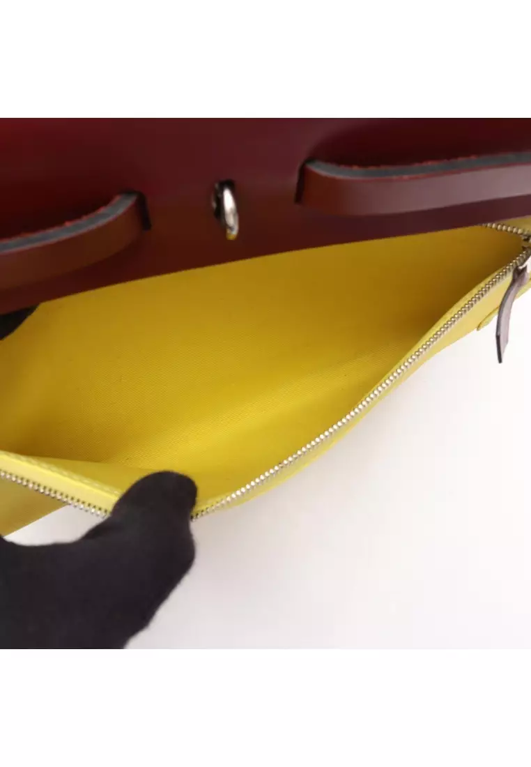 Pre-Loved Hermès herBag Zip PM lime Handbag Toile Officier vache hunter yellow Red brown silver hardware 2WAY X stamp
