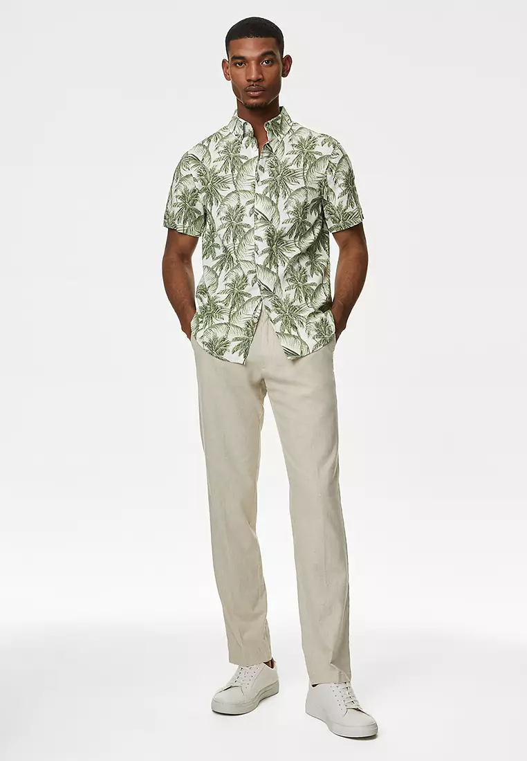 Easy Iron Cotton Linen Blend Print Shirt