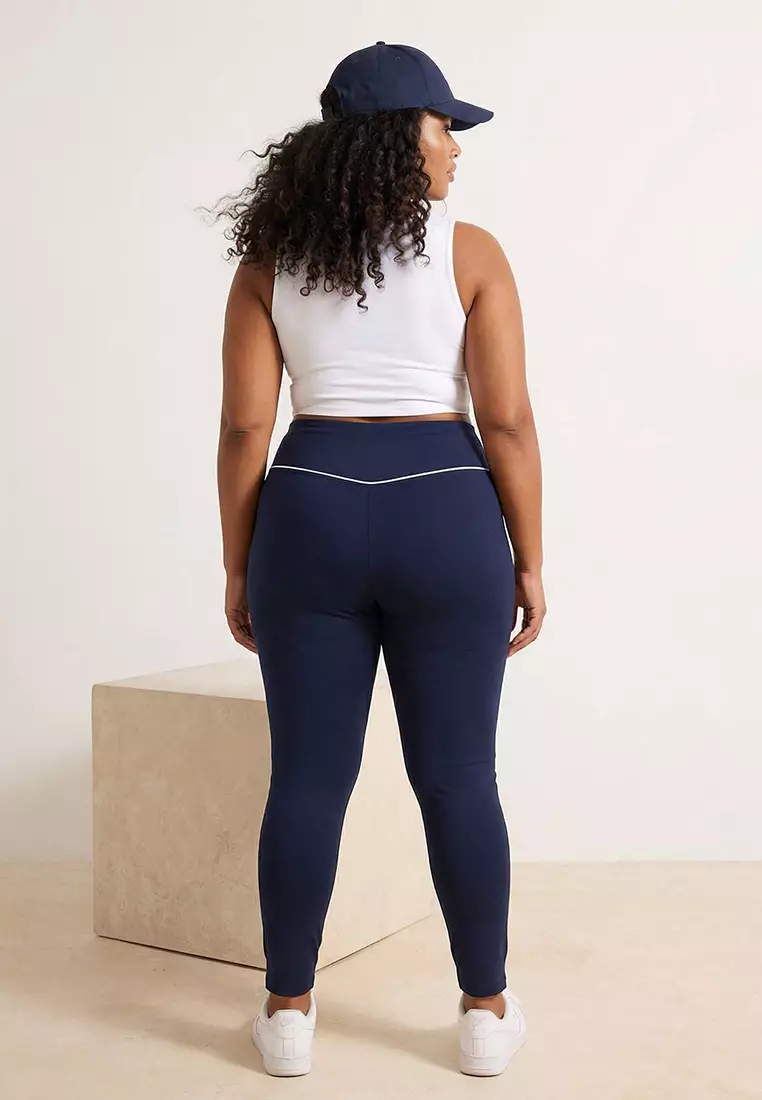 Navy Blue Soft Brushed Fabric Piping Detailed Flexible Knitted Plus Size Leggings Tbbss26Bv00001
