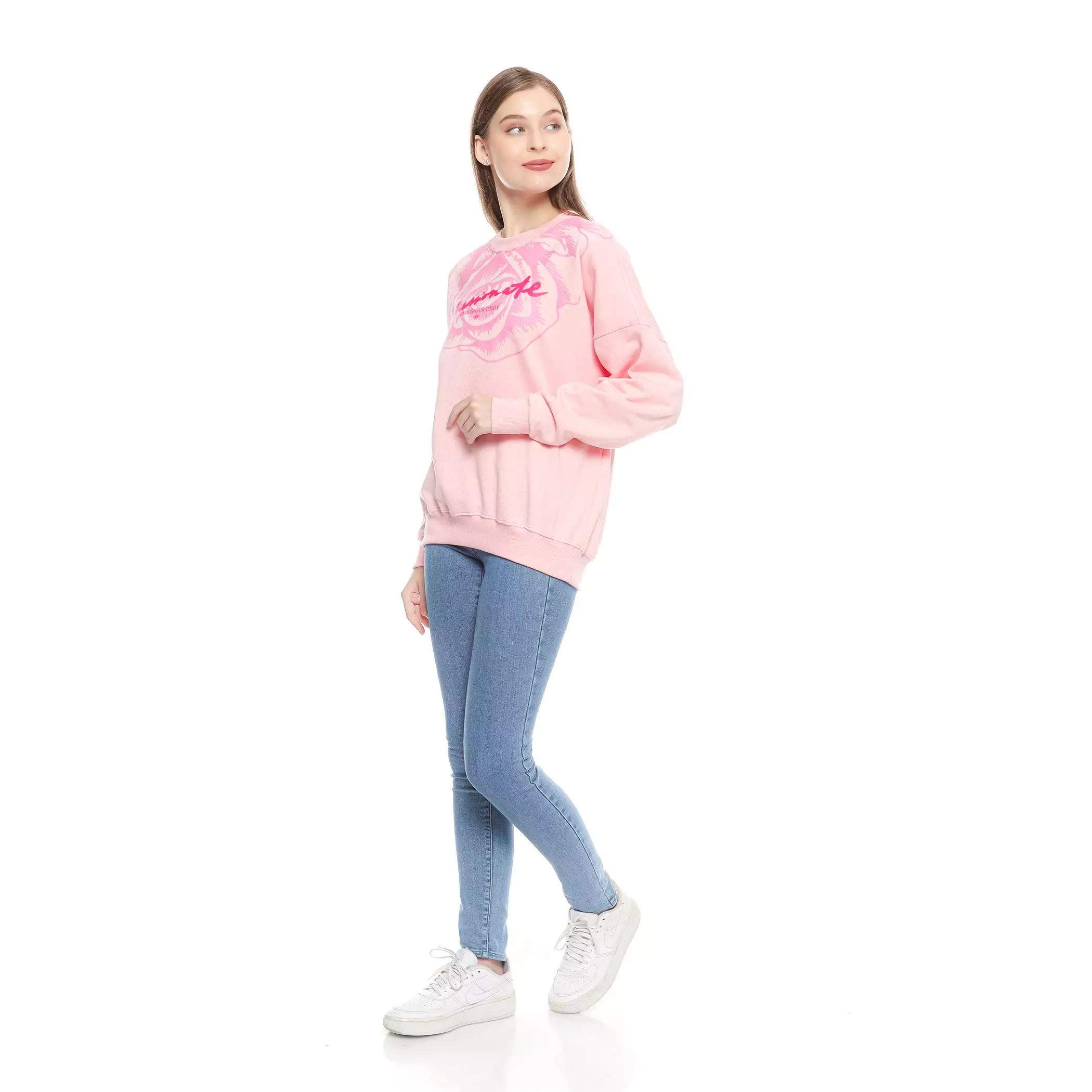 Sweater Crewneck Oversize Passionate Pink Motif Bunga Mawar dari Enough For Today/KUIY,- - Panjang, Wanita Atasan Outer