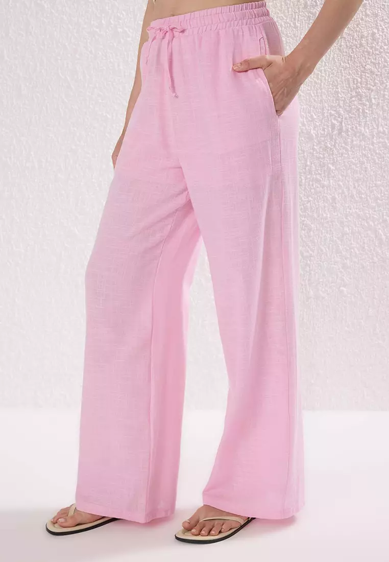 Light Pink Linen Look Wide Leg Shorts Lined Elastic Waist Pants