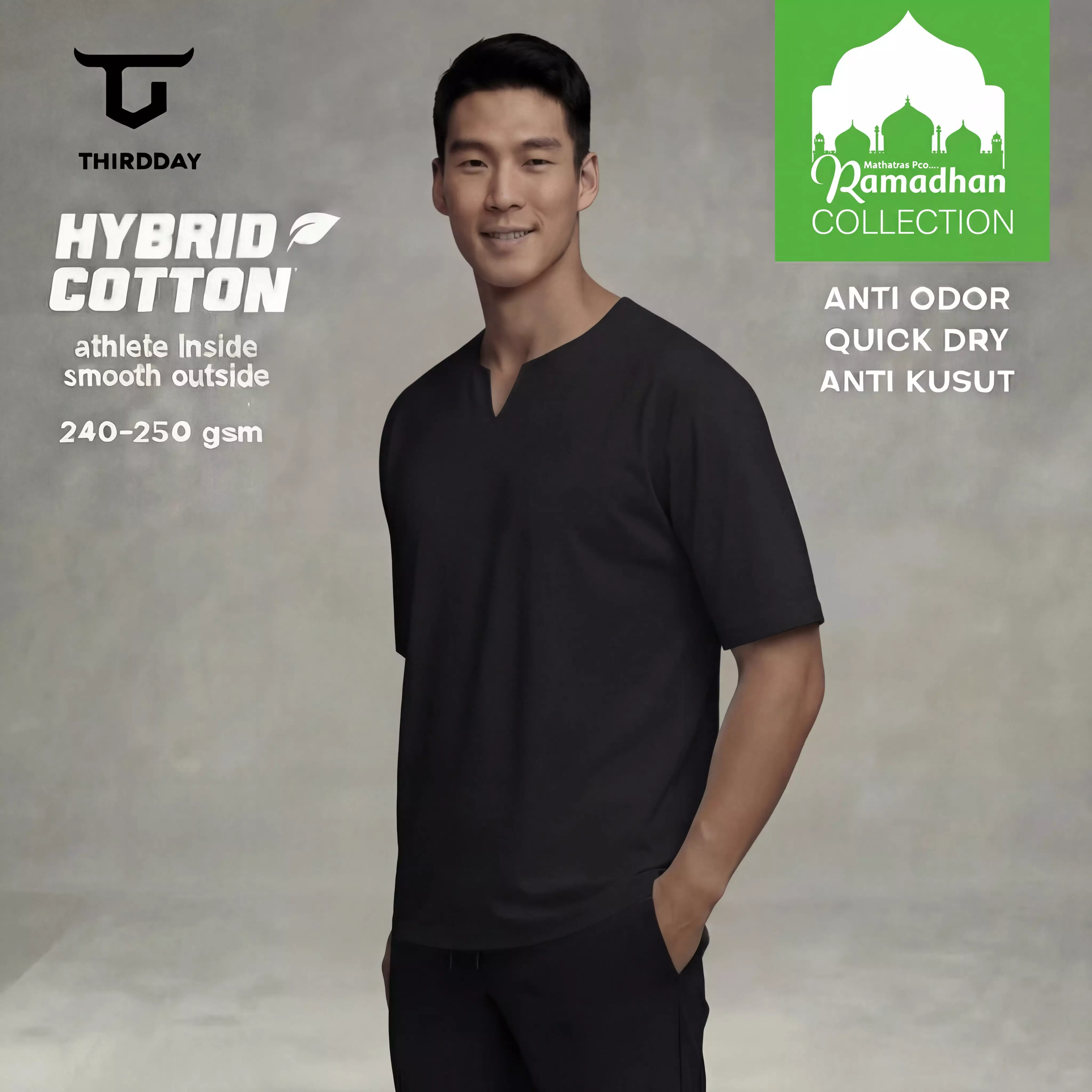 THIRDDAY Kaos Koko Pria Lengan Pendek Polos Cotton Hybrid 240gsm Hitam MTZ20