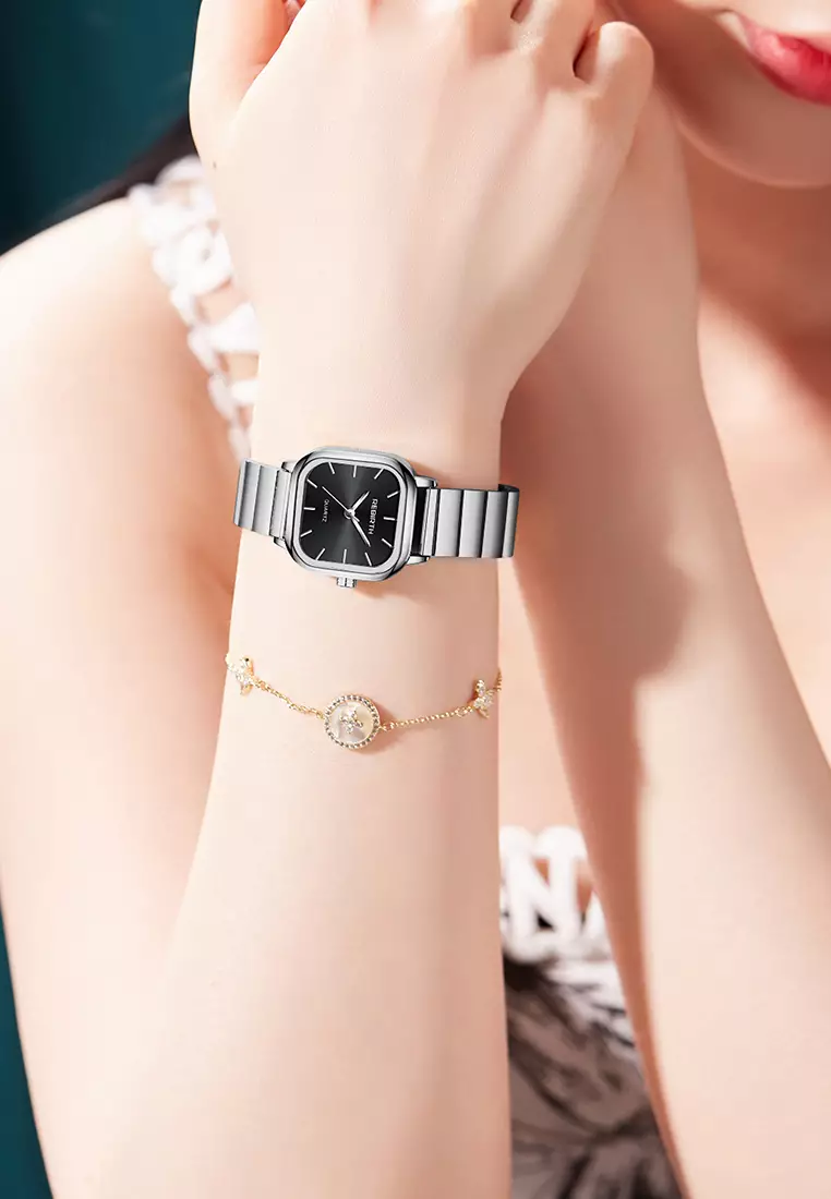 Jam Tangan Wanita Original Square Anggun Tali Stainless Steel perak hitam